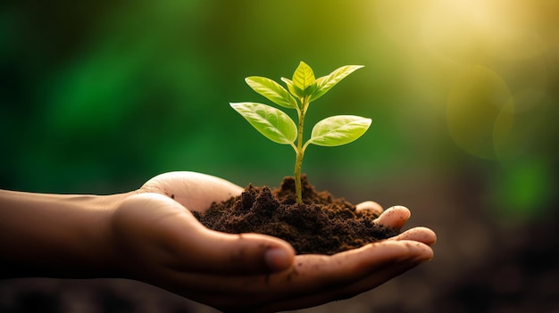 Thoughtful image of a person's hand holding a small plant