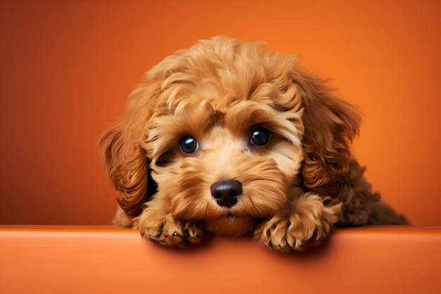 Thoughtful maltipoo puppy on a brown background with copy space cute ginger maltipoo pup isolated on colored background adorable sand colored maltipoo dog studio shot maltipoo dog banner pet love