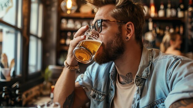 Thoughtful man having a drink at the bar