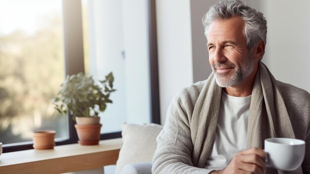 thoughtful man having tea sitting at hom