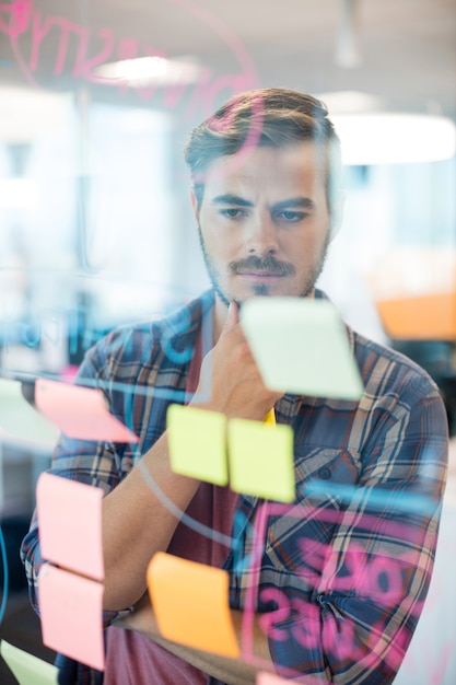 Thoughtful man reading sticky notes on the glass wall in office