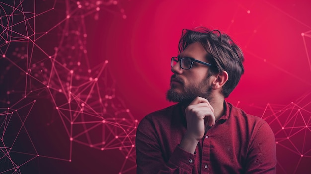 Thoughtful man with beard in red shirt against digital network