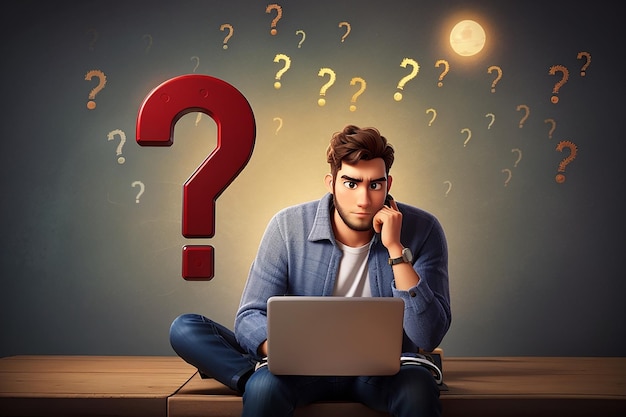 Thoughtful man with laptop looking at big question mark