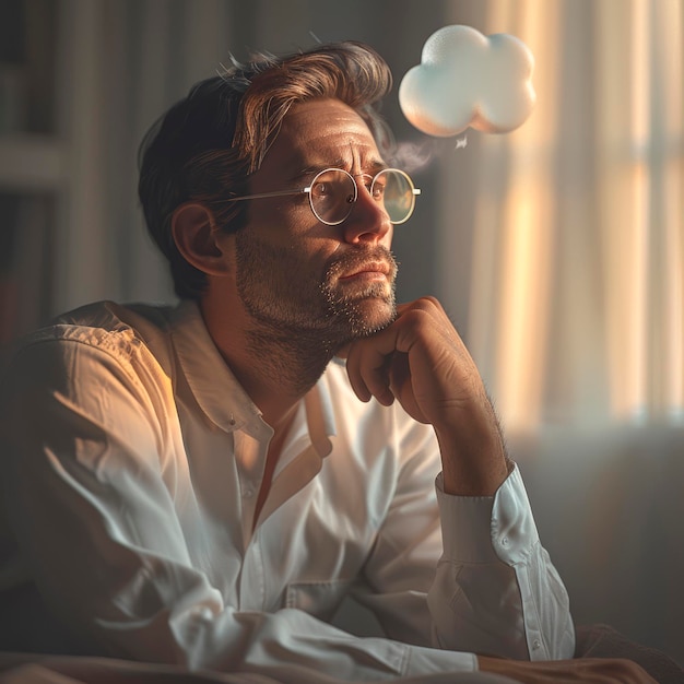 Photo thoughtful man with a speech bubble cloud beside his head warm indoor lighting contemplative concept generative ai generative ai