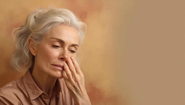 Thoughtful mature woman on beige background with copy space