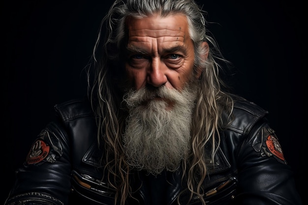 Thoughtful Old Bearded Biker Portrait