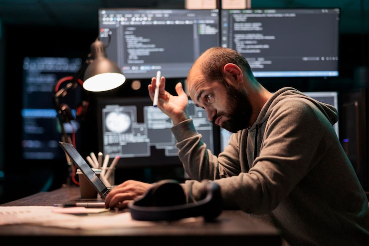 Photo thoughtful programmer brainstorming ideas about coding solution, finding algorithm to create database script. feeling pensive and thinking about software developing system late at night.