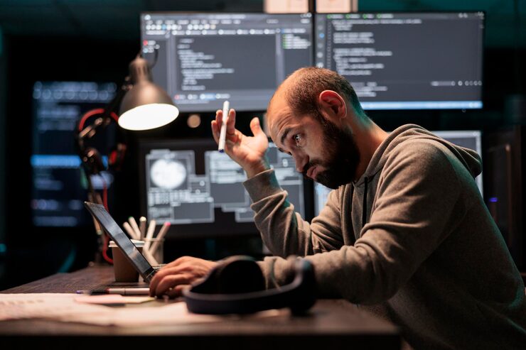 Photo thoughtful programmer brainstorming ideas about coding solution, finding algorithm to create database script. feeling pensive and thinking about software developing system late at night.