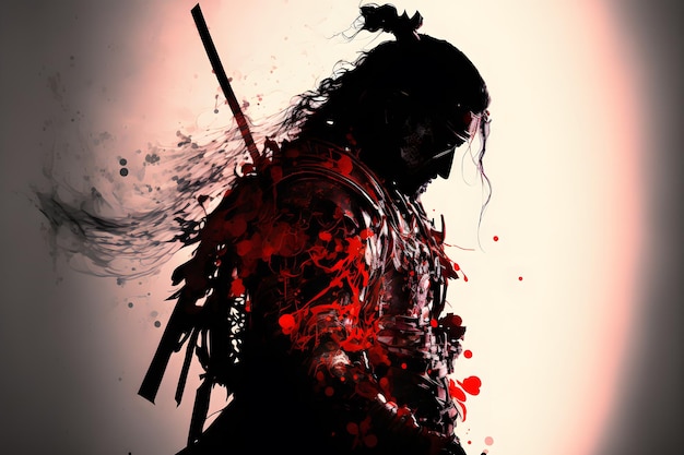 A thoughtful samurai in armor stands in profile against the abstract red and white background Neural network generated art