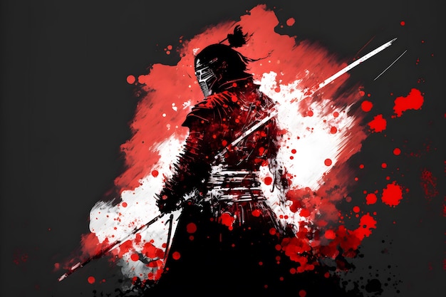 A thoughtful samurai in armor stands in profile against the abstract red and white background Neural network generated art