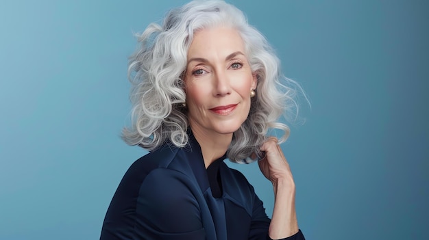 Thoughtful senior businesswoman with salt and pepper hair wearing a dark blue suit