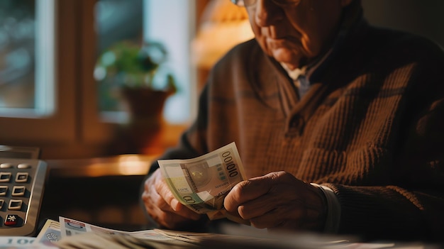 Thoughtful senior man counting his savings at home