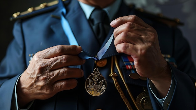 Thoughtful senior man in military uniform holding a medal He is looking at it with a mix of pride and sadness