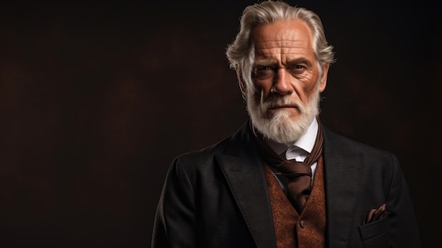 Thoughtful senior man with long white beard and hair wearing a suit and tie