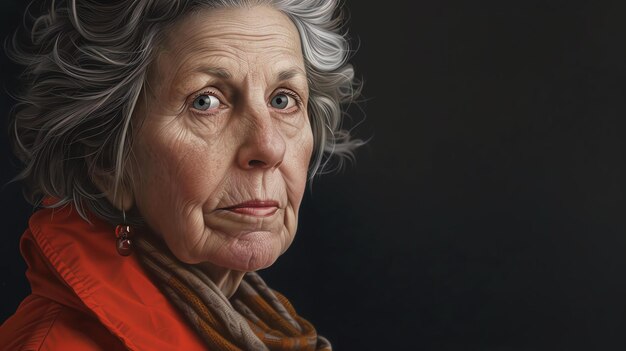 Photo thoughtful senior woman looking away with a serious expression on her face she is wearing a red jacket and has gray hair