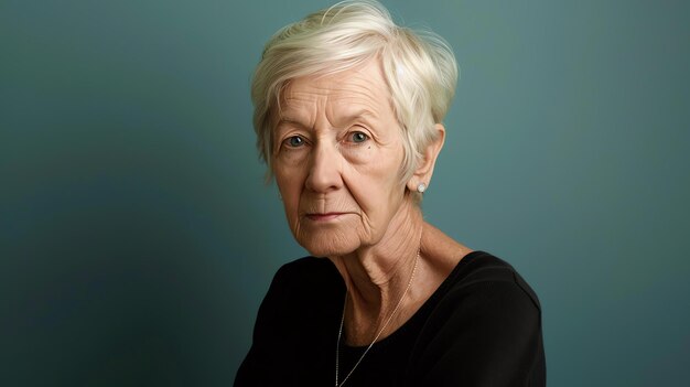 Photo thoughtful senior woman looking at the camera with a serious expression on her face she has short white hair and is wearing a black shirt