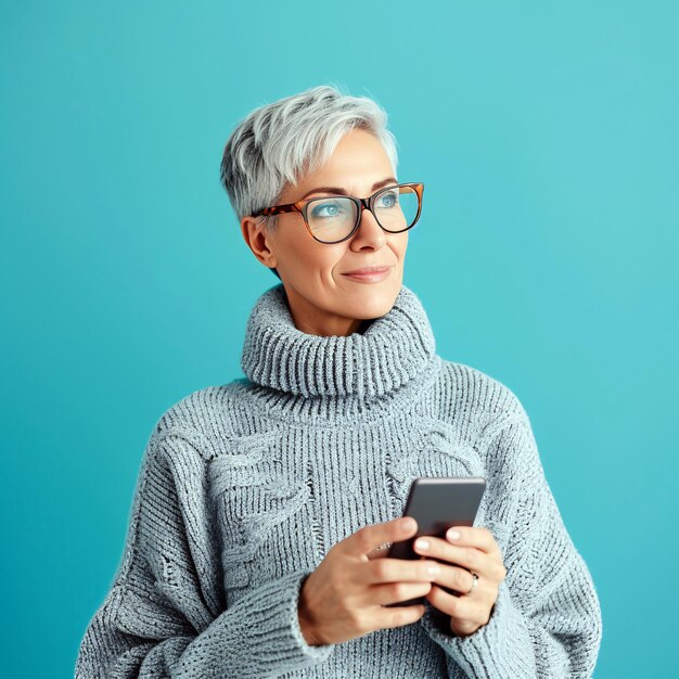 Вдумчивая пожилая женщина в очках с смартфоном на синем фоне