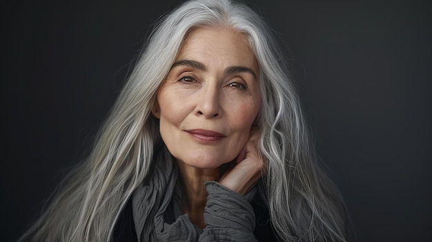 Thoughtful senior woman with long silver hair and a serene smile on her face She is wearing a gray scarf and resting her chin on her hand