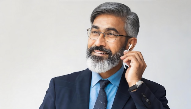 Thoughtful smiling bearded old senior business man wearing earbud thinking while listening to music