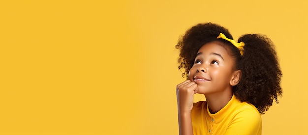 Thoughtful smiling Black girl on yellow background looks at empty space Happy mixed race teenager considers a great sale or promotion Ad idea