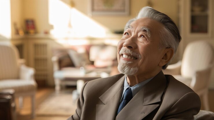 Photo thoughtful smiling elderly man looking upper left corner with pleased face