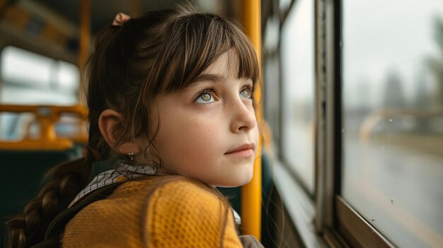 Thoughtful student gazing out window on bus