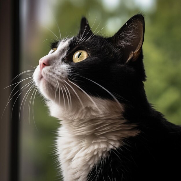 Thoughtful tuxedo cat gazing out into the distance