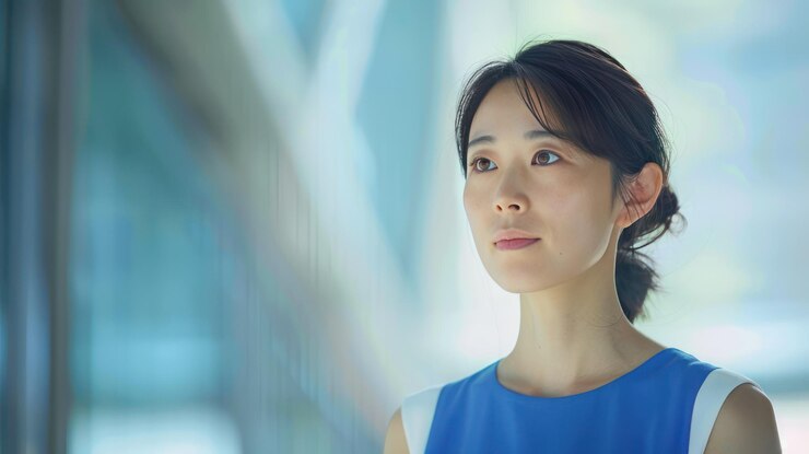 青いドレスを着た思慮深い女性が周囲を振り返って遠くを見つめている