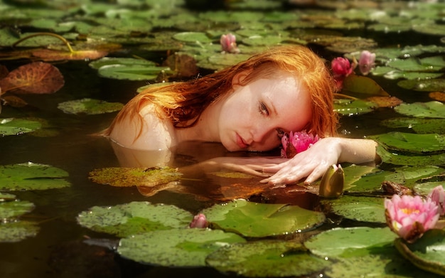 Foto donna riflessiva che si rilassa nel lago