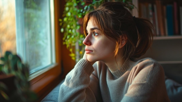 Photo thoughtful woman in sweater and eyeglasses looking through window at home