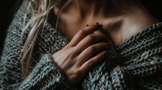 Thoughtful woman wearing cozy sweater hand on chest