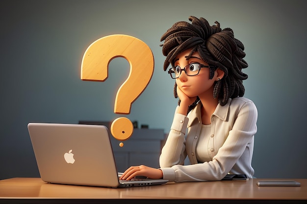 Thoughtful Woman with Laptop Faces Big Question Mark
