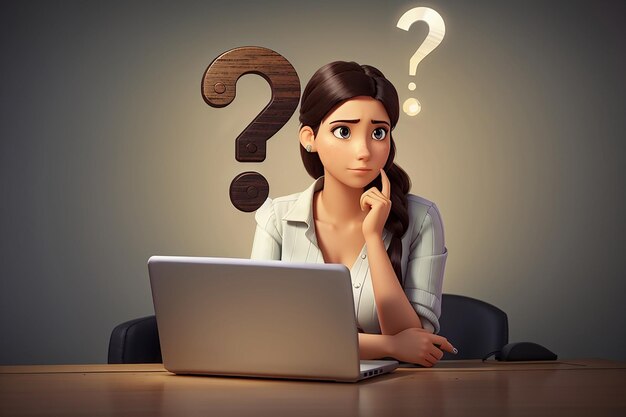 Thoughtful Woman with Laptop Faces Big Question Mark