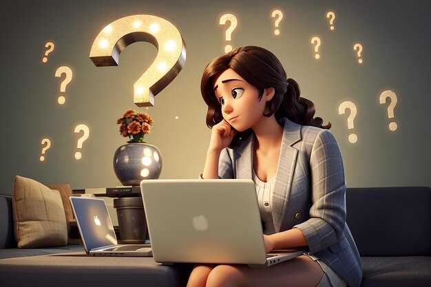 Thoughtful Woman with Laptop Faces Big Question Mark