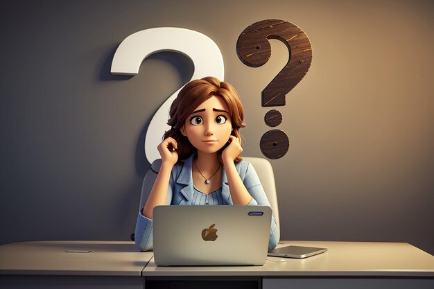 Thoughtful woman with laptop faces big question mark