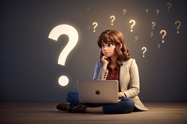 Thoughtful woman with laptop faces big question mark