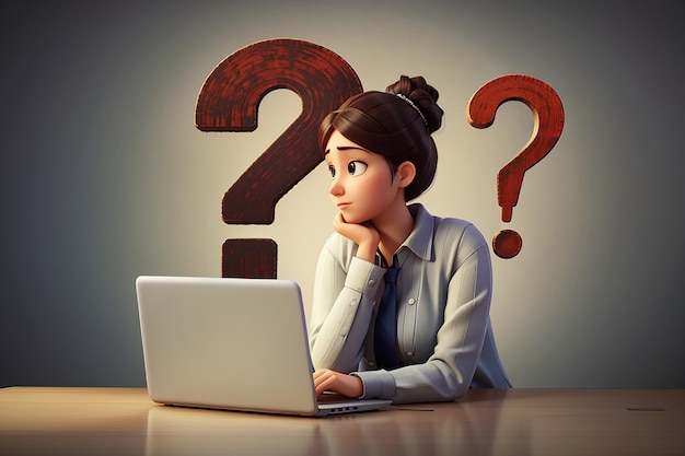 Thoughtful Woman with Laptop Faces Big Question Mark