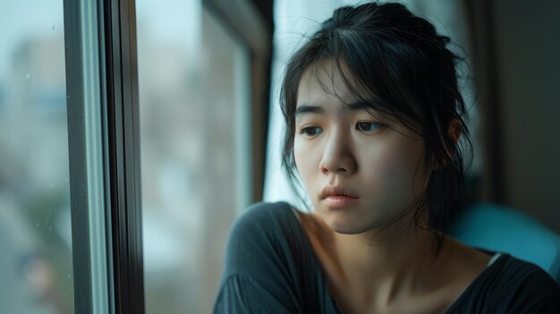 Photo thoughtful young asian woman looking out the window contemplating her life and future