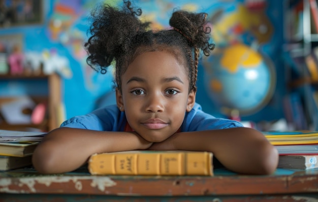 thoughtful young black girl resting on books in a colorful classroom with world map background