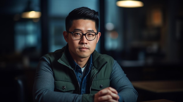 Thoughtful Young businessman sitting in company office Created with Generative AI technology