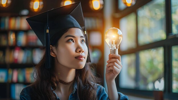 Thoughtful young female college graduate holding a light bulb in her hand
