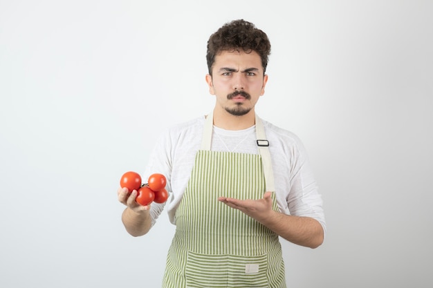 Thoughtful young guy holding tomatoes and pointing hand on it.