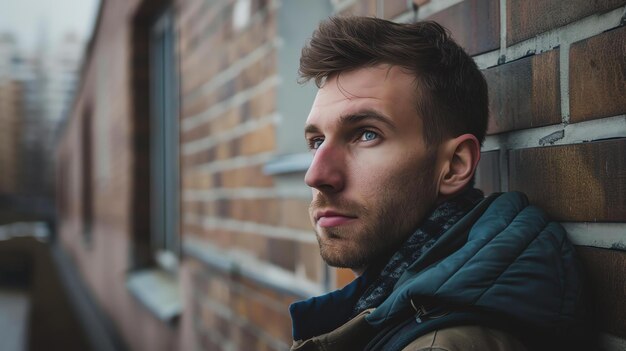 Thoughtful young man looking away while leaning against a brick wall outdoors