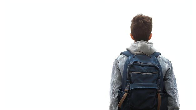 Thoughtful young man looking out at a scenic view He is wearing a denim jacket and a blue backpack