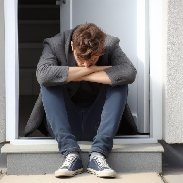 A thoughtful young man sitting on the threshold of the front door