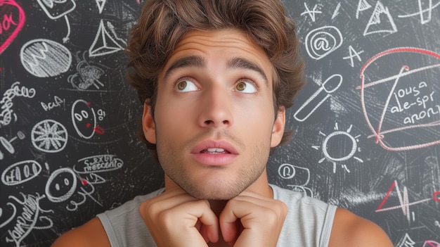 Thoughtful Young Man With Chalkboard Full of Doodles