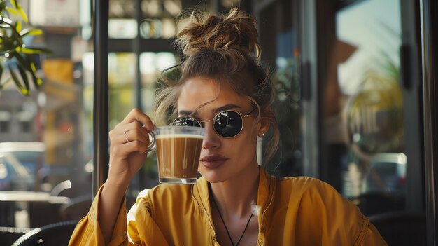 Thoughtful young woman having coffee break in the city She is wearing oversized sunglasses and a stylish yellow jacket