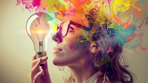 Photo thoughtful young woman holding a light bulb with colorful smoke coming out of it the concept of a new idea creativity inspiration