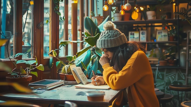 写真 温かい黄色いセーターと帽子を着た思慮深い若い女性が茂った植物と暖かい光に囲まれたカフェのテーブルに座って日記を書いています