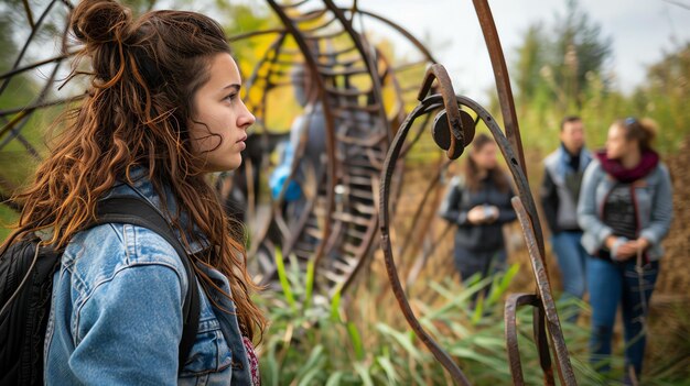 Foto giovane donna pensierosa che guarda lontano mentre si trova accanto a una scultura metallica arrugginita nel parco